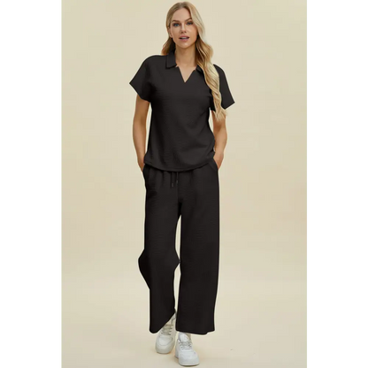 Double Take Full Size Collared Neck Short Sleeve Top and Pants Set.