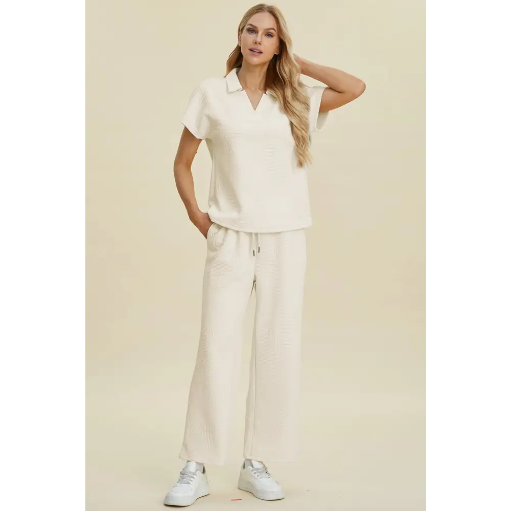 Double Take Full Size Collared Neck Short Sleeve Top and Pants Set.