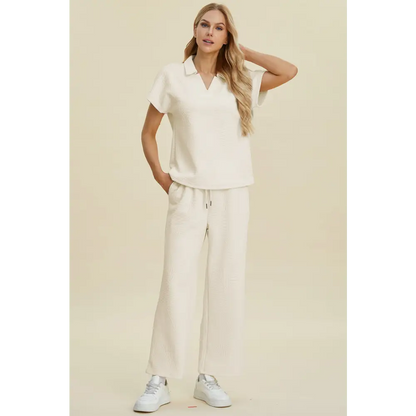 Double Take Full Size Collared Neck Short Sleeve Top and Pants Set.