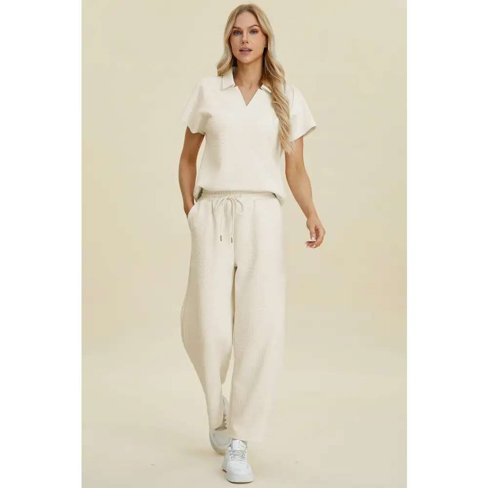 Double Take Full Size Collared Neck Short Sleeve Top and Pants Set.