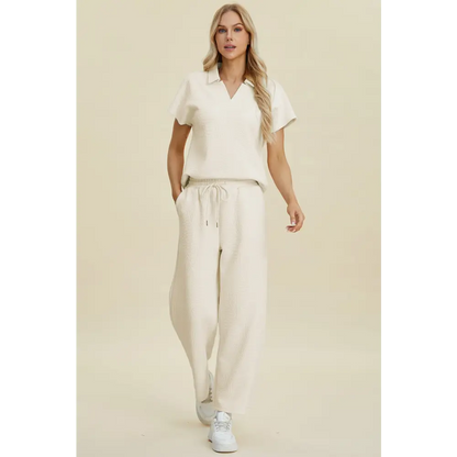 Double Take Full Size Collared Neck Short Sleeve Top and Pants Set.