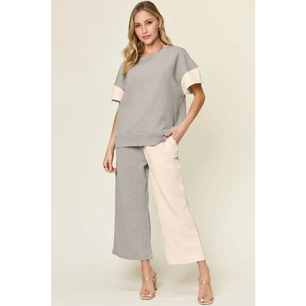 Double Take Full Size Texture Contrast T-Shirt and Wide Leg Pants Set.