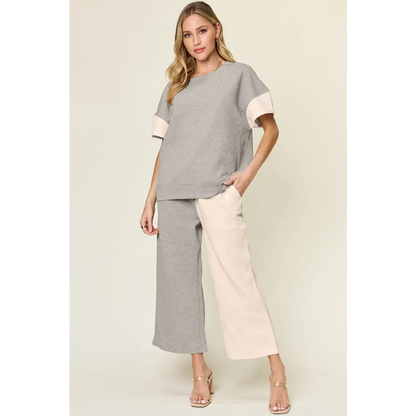 Double Take Full Size Texture Contrast T-Shirt and Wide Leg Pants Set.