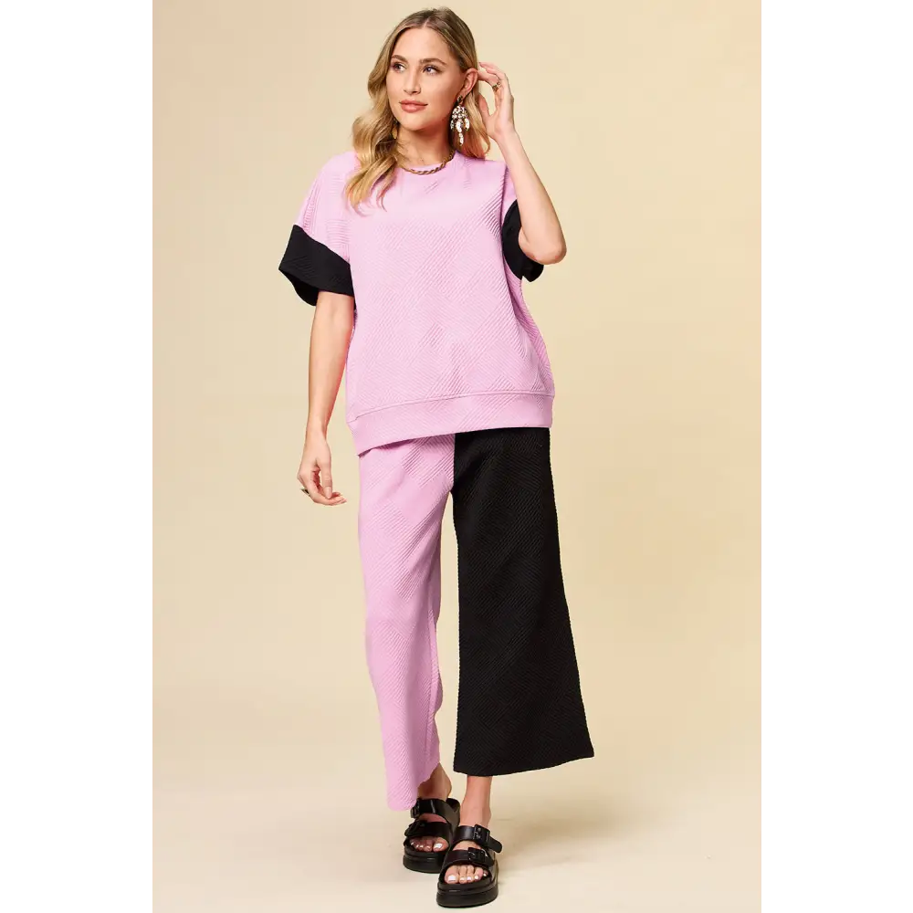 Double Take Full Size Texture Contrast T-Shirt and Wide Leg Pants Set.