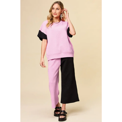 Double Take Full Size Texture Contrast T-Shirt and Wide Leg Pants Set.