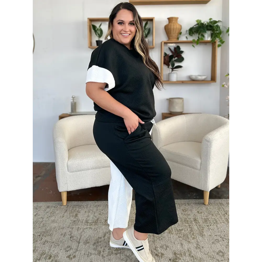 Double Take Full Size Texture Contrast T-Shirt and Wide Leg Pants Set.