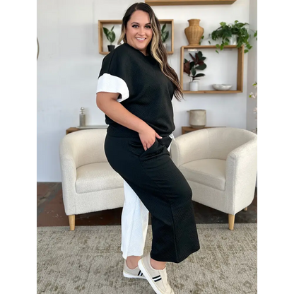Double Take Full Size Texture Contrast T-Shirt and Wide Leg Pants Set.