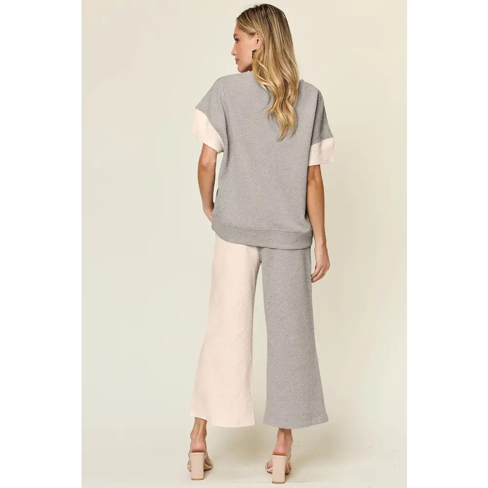 Double Take Full Size Texture Contrast T-Shirt and Wide Leg Pants Set.
