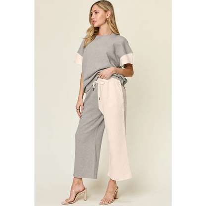 Double Take Full Size Texture Contrast T-Shirt and Wide Leg Pants Set.