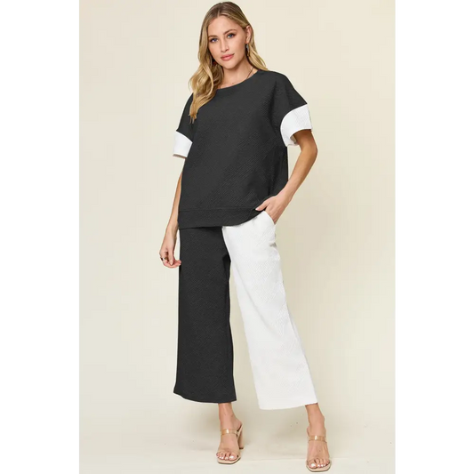 Double Take Full Size Texture Contrast T-Shirt and Wide Leg Pants Set.