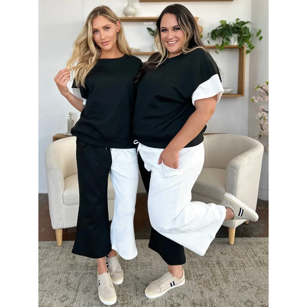 Double Take Full Size Texture Contrast T-Shirt and Wide Leg Pants Set.