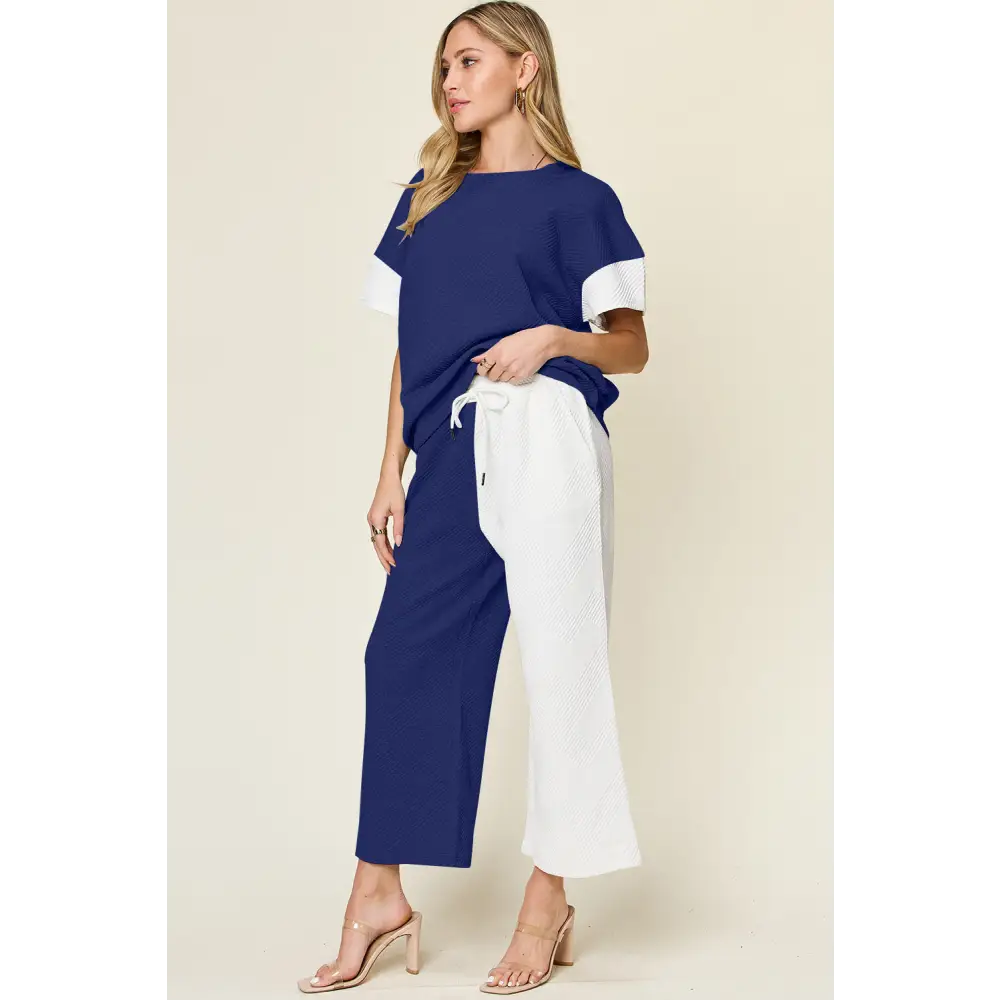 Double Take Full Size Texture Contrast T-Shirt and Wide Leg Pants Set.