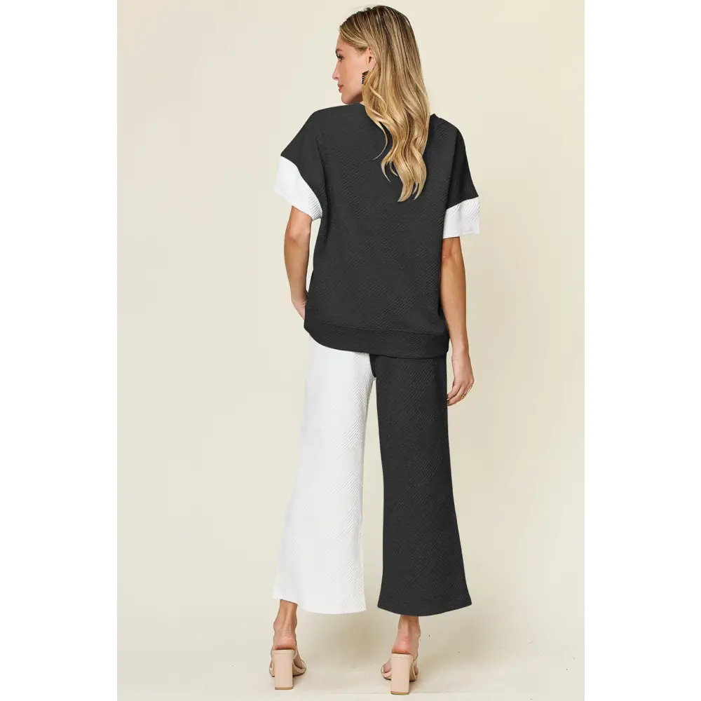 Double Take Full Size Texture Contrast T-Shirt and Wide Leg Pants Set.