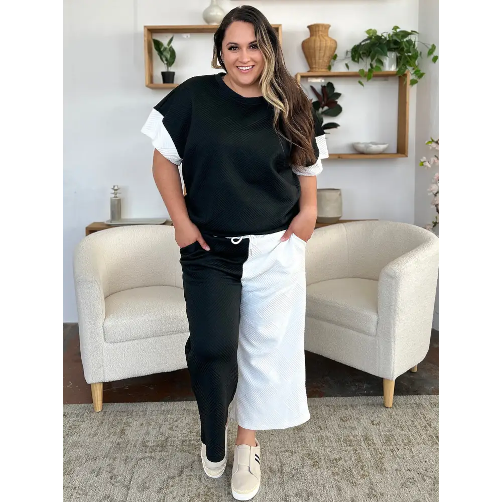 Double Take Full Size Texture Contrast T-Shirt and Wide Leg Pants Set.
