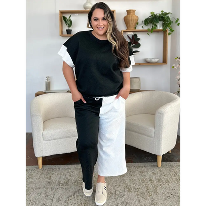 Double Take Full Size Texture Contrast T-Shirt and Wide Leg Pants Set.