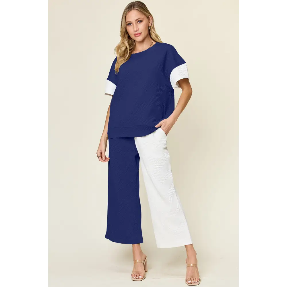 Double Take Full Size Texture Contrast T-Shirt and Wide Leg Pants Set.