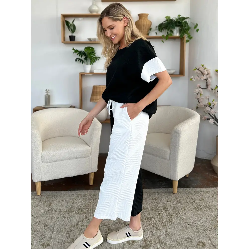 Double Take Full Size Texture Contrast T-Shirt and Wide Leg Pants Set.