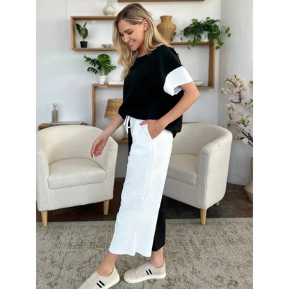 Double Take Full Size Texture Contrast T-Shirt and Wide Leg Pants Set.