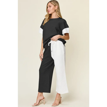 Double Take Full Size Texture Contrast T-Shirt and Wide Leg Pants Set.
