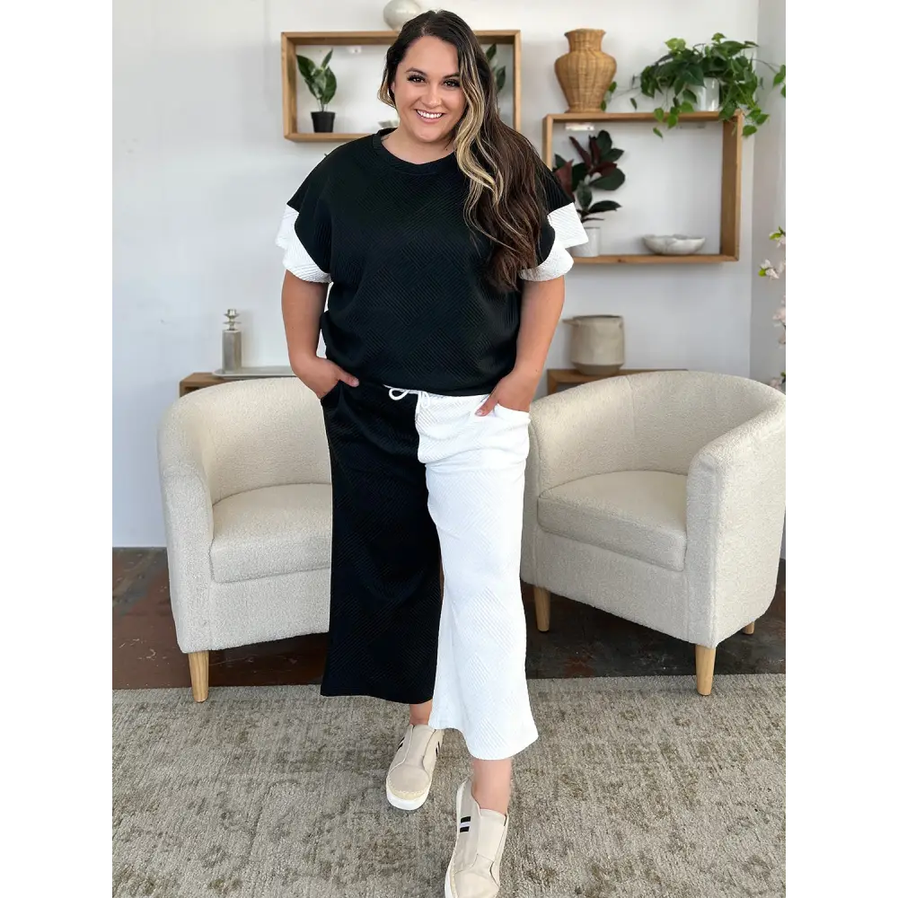 Double Take Full Size Texture Contrast T-Shirt and Wide Leg Pants Set.