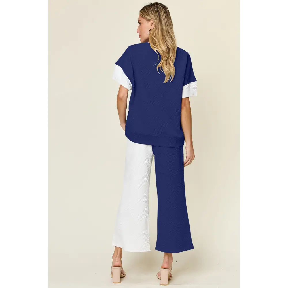 Double Take Full Size Texture Contrast T-Shirt and Wide Leg Pants Set.