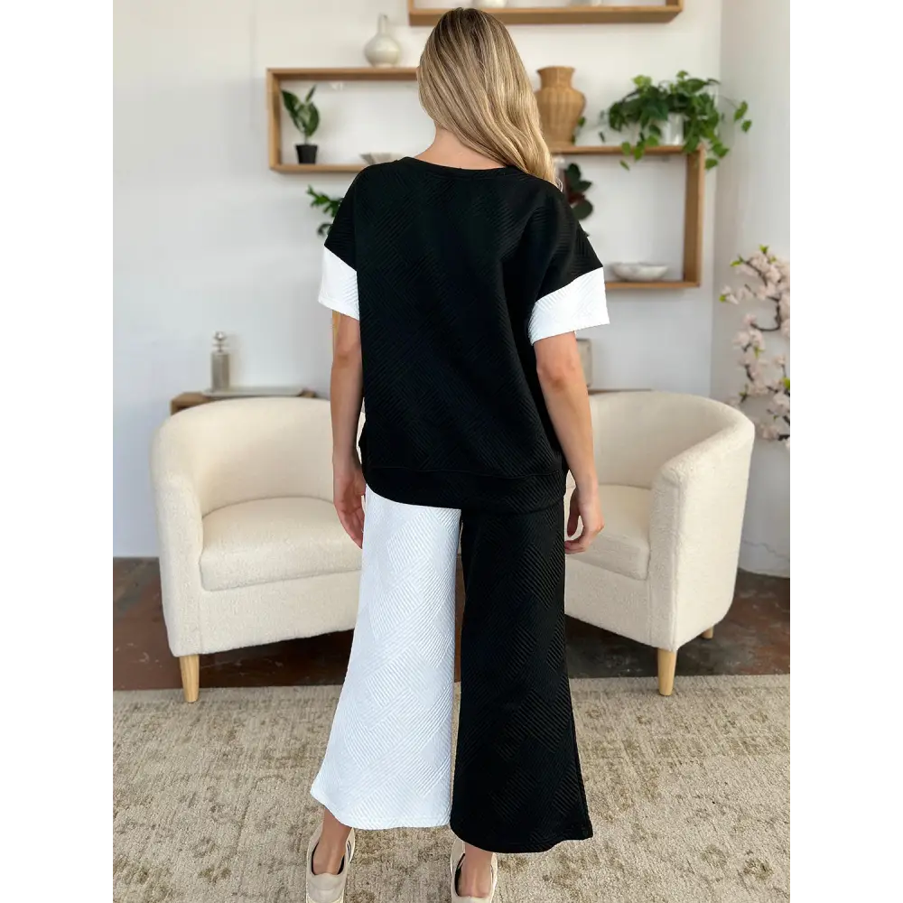 Double Take Full Size Texture Contrast T-Shirt and Wide Leg Pants Set.