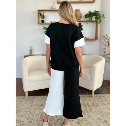 Double Take Full Size Texture Contrast T-Shirt and Wide Leg Pants Set.