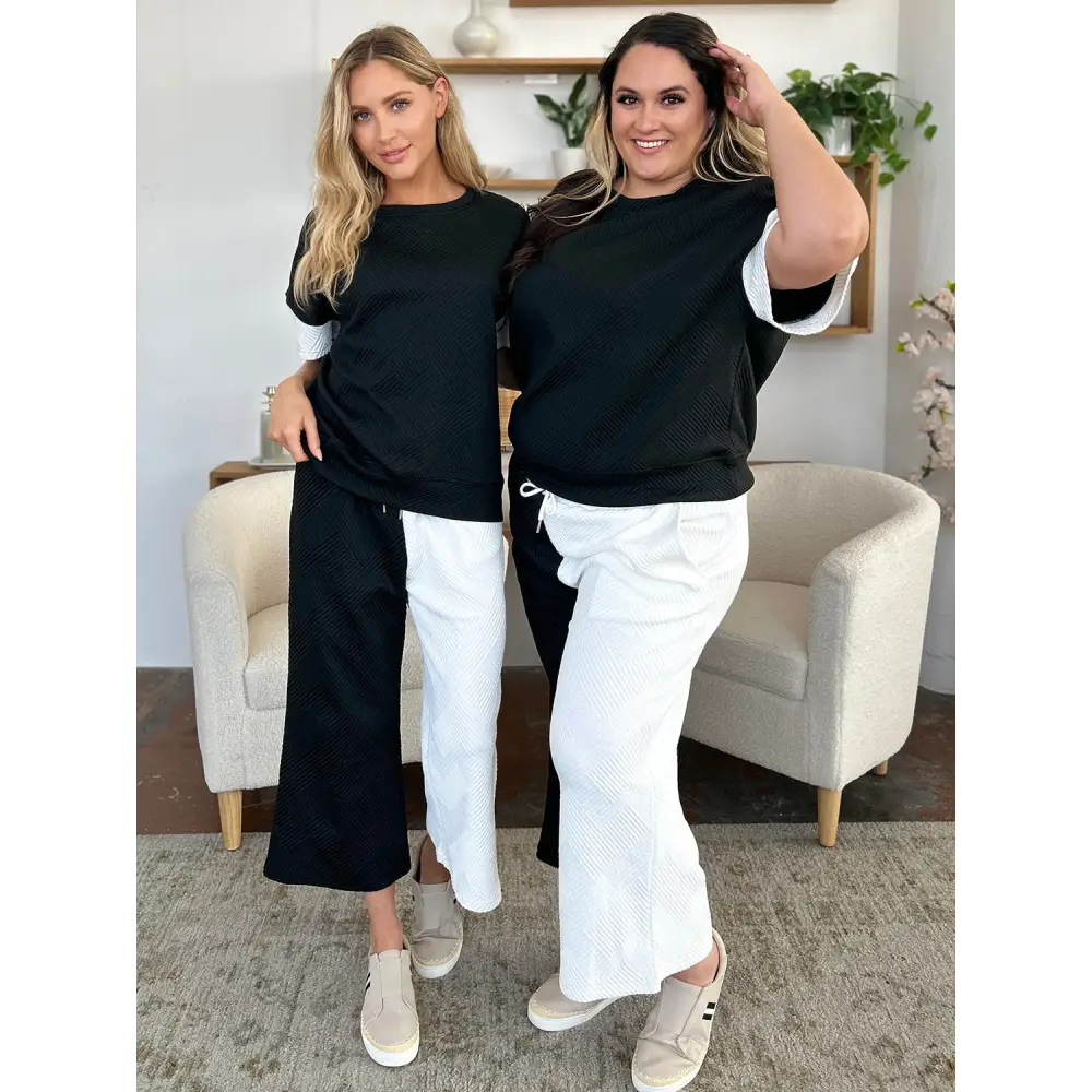 Double Take Full Size Texture Contrast T-Shirt and Wide Leg Pants Set.