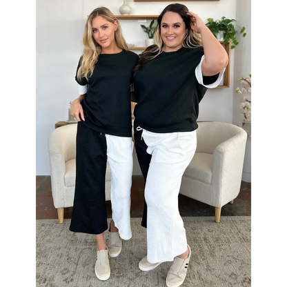 Double Take Full Size Texture Contrast T-Shirt and Wide Leg Pants Set.