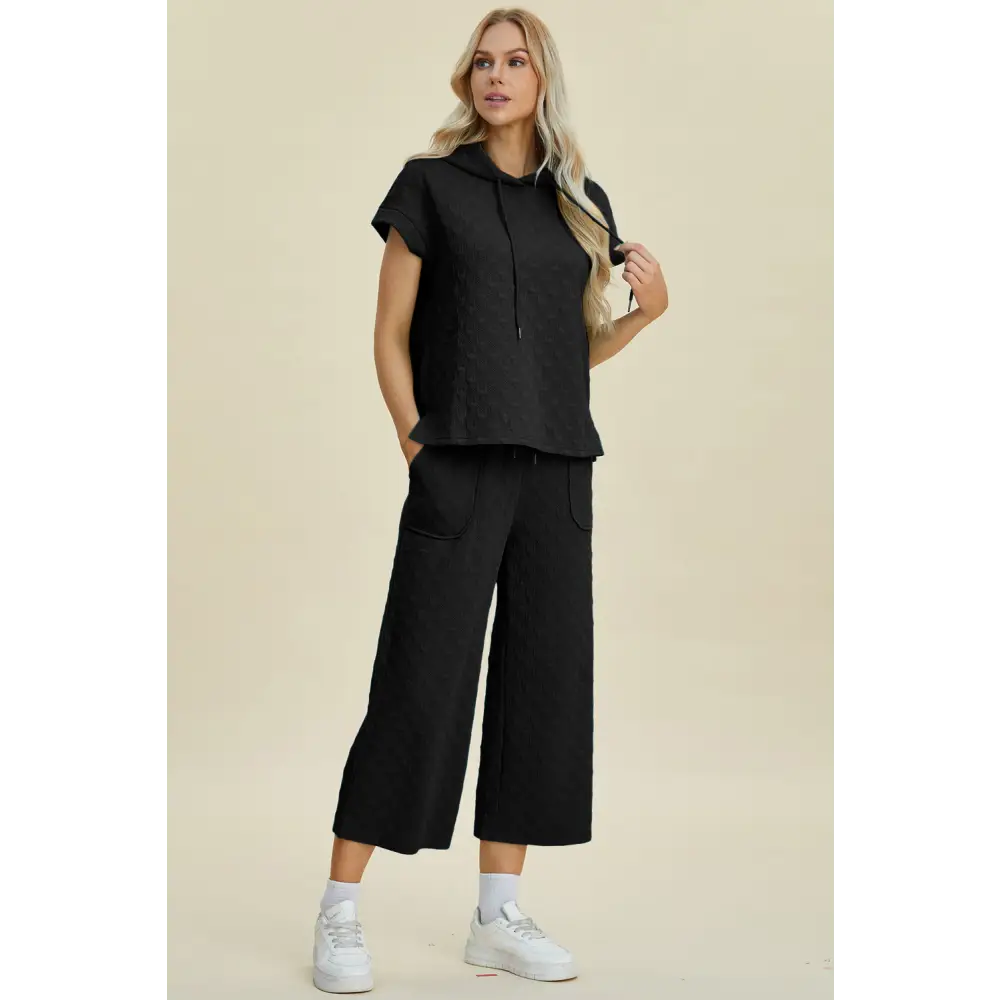 Double Take Full Size Texture Drawstring Short Sleeve Hoodie and Pocketed Pants Set.