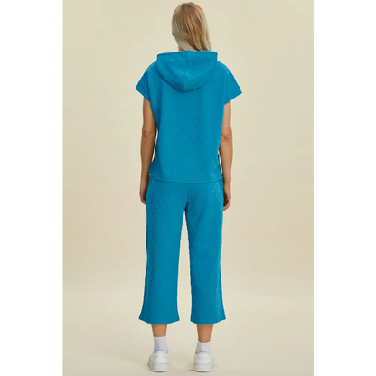 Double Take Full Size Texture Drawstring Short Sleeve Hoodie and Pocketed Pants Set.