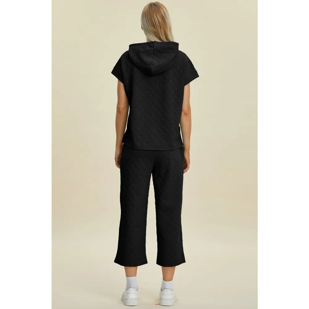 Double Take Full Size Texture Drawstring Short Sleeve Hoodie and Pocketed Pants Set.