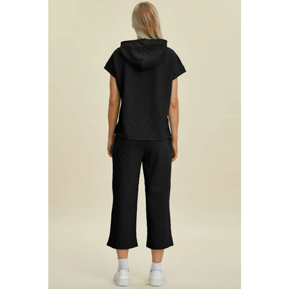 Double Take Full Size Texture Drawstring Short Sleeve Hoodie and Pocketed Pants Set.