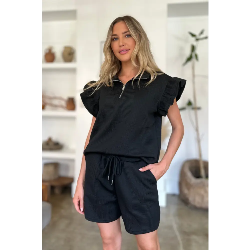 Double Take Full Size Texture Flounce Sleeve Top and Shorts Set.