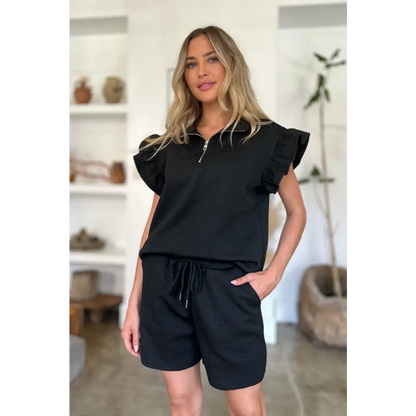 Double Take Full Size Texture Flounce Sleeve Top and Shorts Set.
