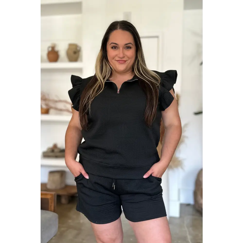 Double Take Full Size Texture Flounce Sleeve Top and Shorts Set.
