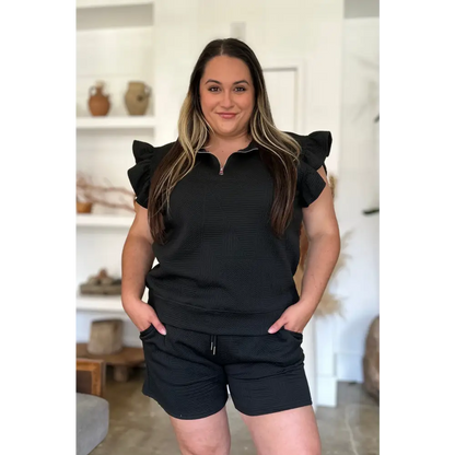 Double Take Full Size Texture Flounce Sleeve Top and Shorts Set.