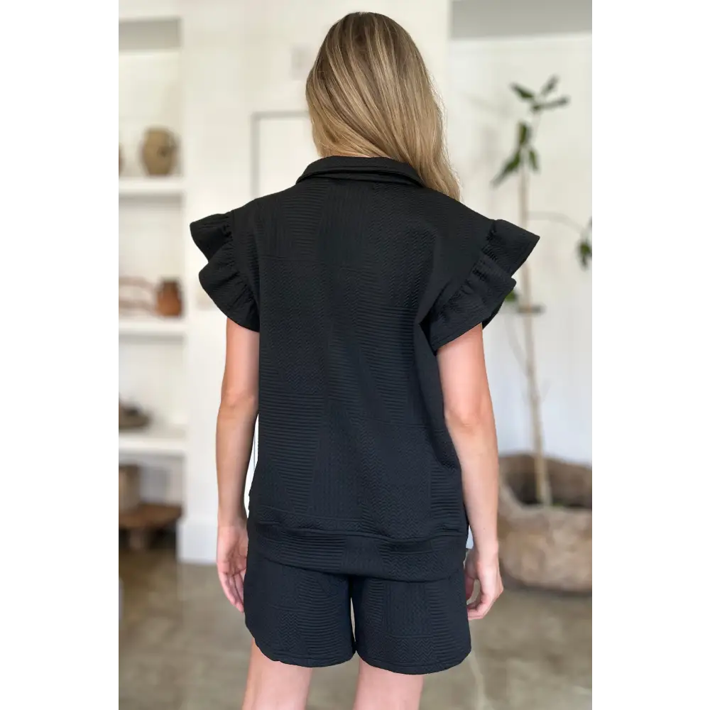 Double Take Full Size Texture Flounce Sleeve Top and Shorts Set.