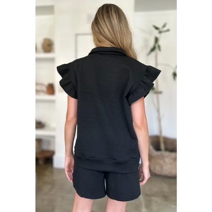 Double Take Full Size Texture Flounce Sleeve Top and Shorts Set.