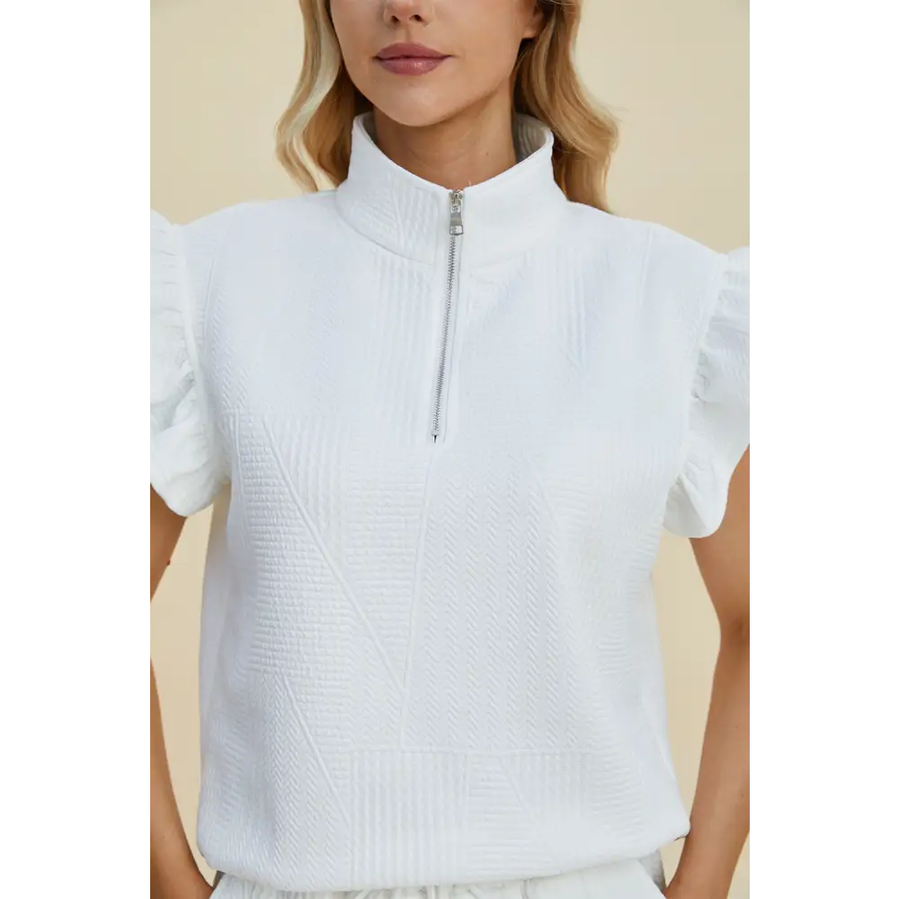 Double Take Full Size Texture Flounce Sleeve Top and Shorts Set - KRIFFA 