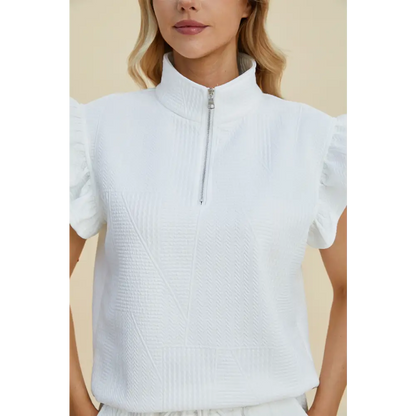 Double Take Full Size Texture Flounce Sleeve Top and Shorts Set - KRIFFA 