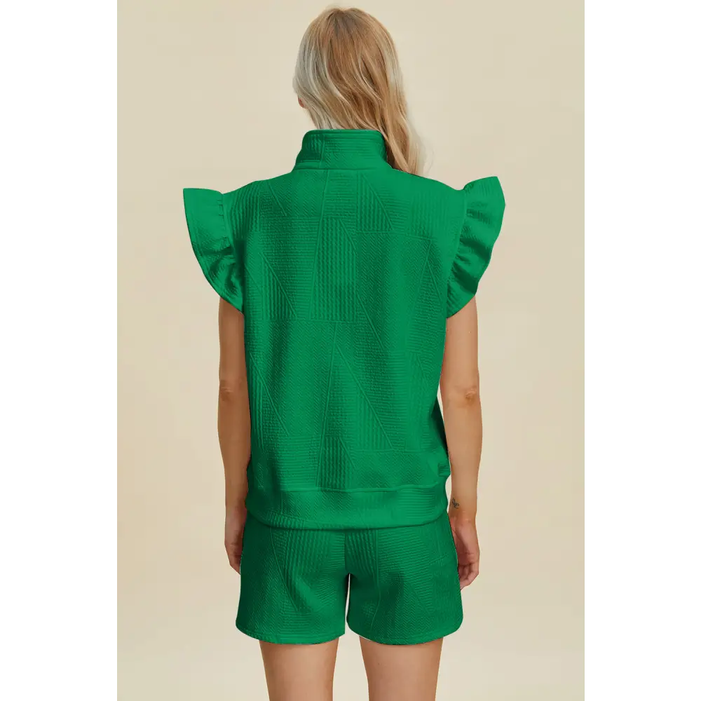 Double Take Full Size Texture Flounce Sleeve Top and Shorts Set - KRIFFA 