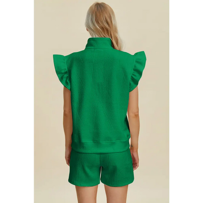 Double Take Full Size Texture Flounce Sleeve Top and Shorts Set - KRIFFA 