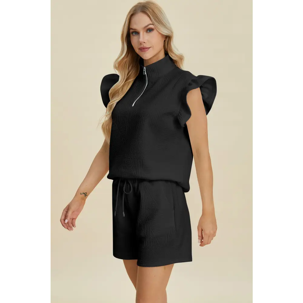 Double Take Full Size Texture Flounce Sleeve Top and Shorts Set.