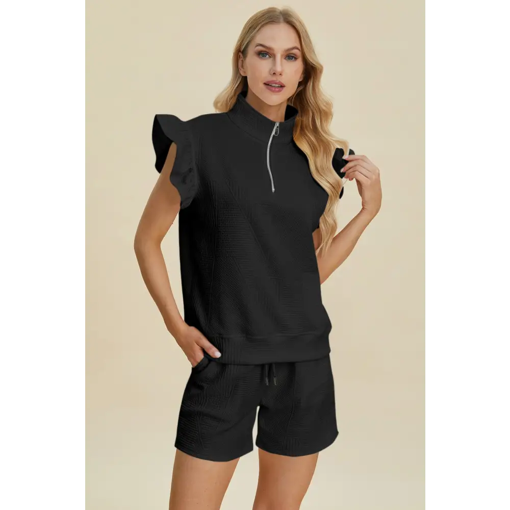 Double Take Full Size Texture Flounce Sleeve Top and Shorts Set.
