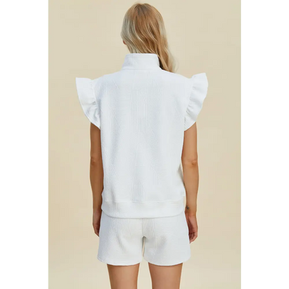 Double Take Full Size Texture Flounce Sleeve Top and Shorts Set.