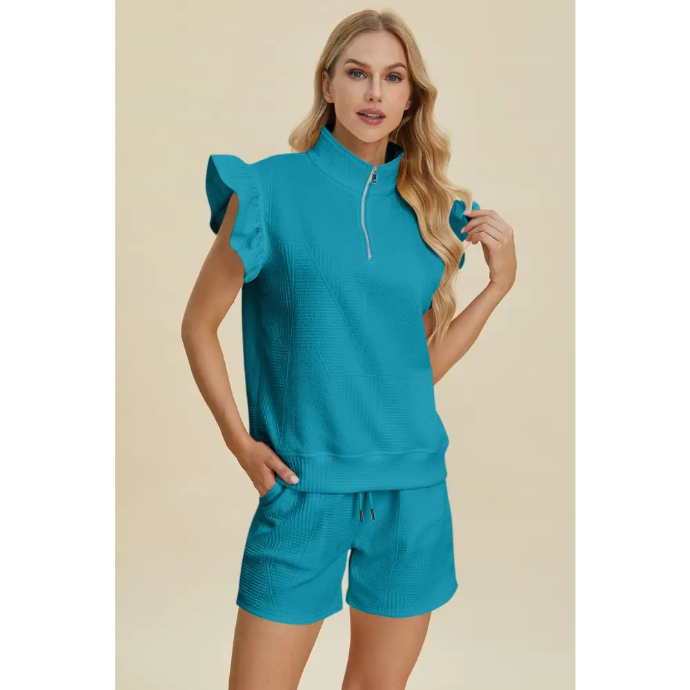 Double Take Full Size Texture Flounce Sleeve Top and Shorts Set - KRIFFA 