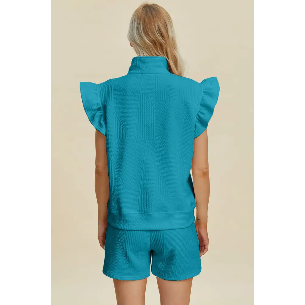 Double Take Full Size Texture Flounce Sleeve Top and Shorts Set - KRIFFA 