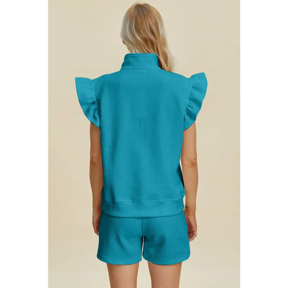 Double Take Full Size Texture Flounce Sleeve Top and Shorts Set - KRIFFA 