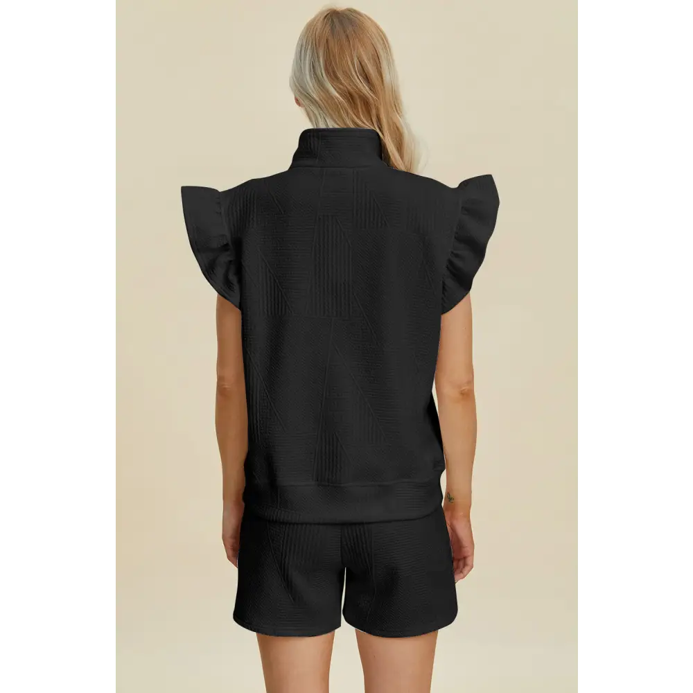 Double Take Full Size Texture Flounce Sleeve Top and Shorts Set.